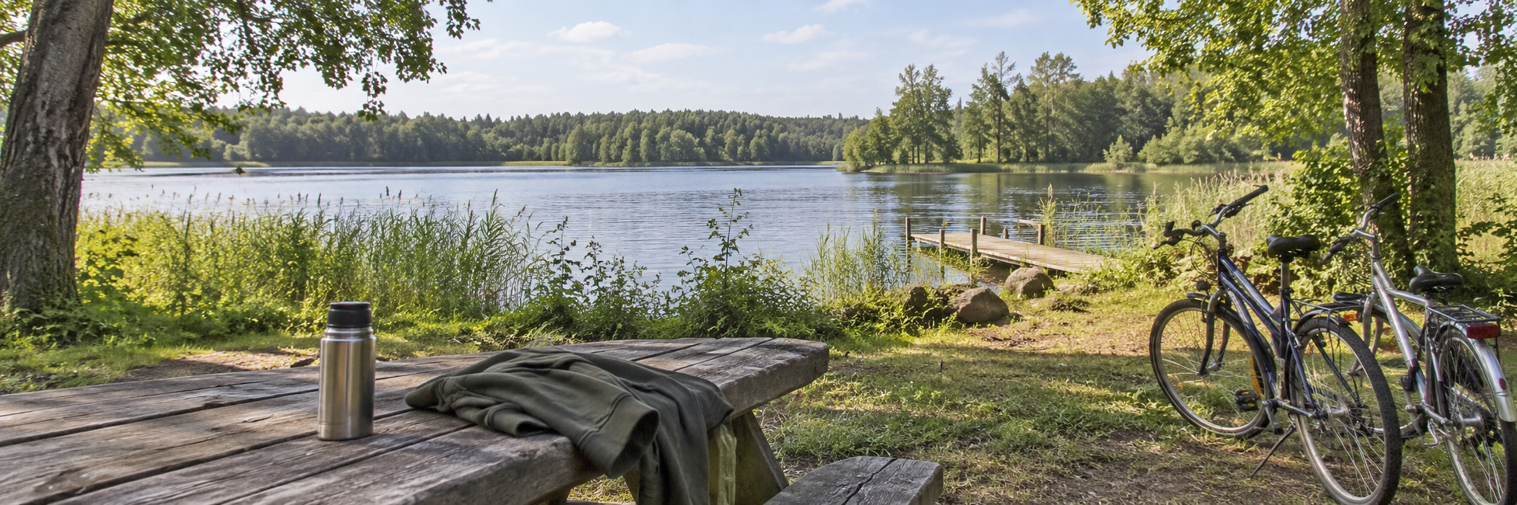 A fictional summer afternoon by a lake, with bicycles and a picnic table